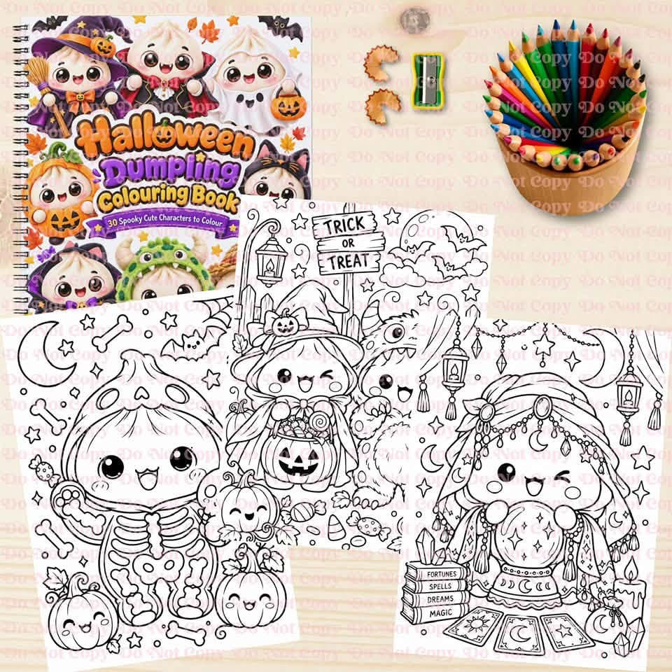 Halloween Dumplings A4 spiral-bound colouring book with 25 spooky cute pages