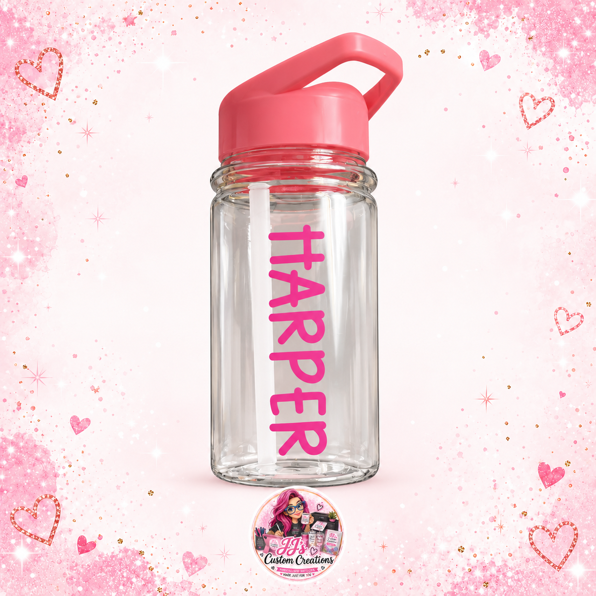 Pink 450ml kids water bottle personalised Harper on a full square pink sparkle background with JJ's watermark