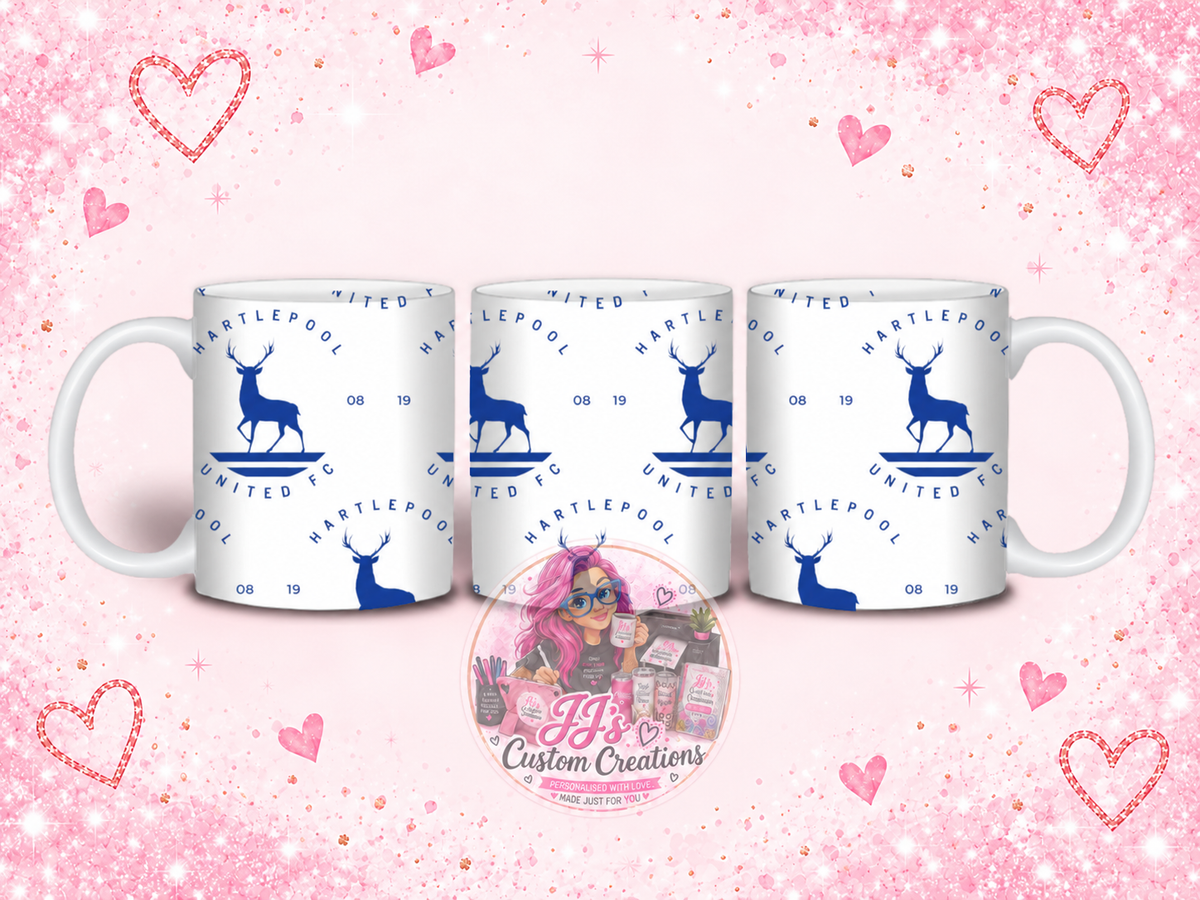 Hartlepool United FC novelty mug on JJ’s blush pink sparkle background