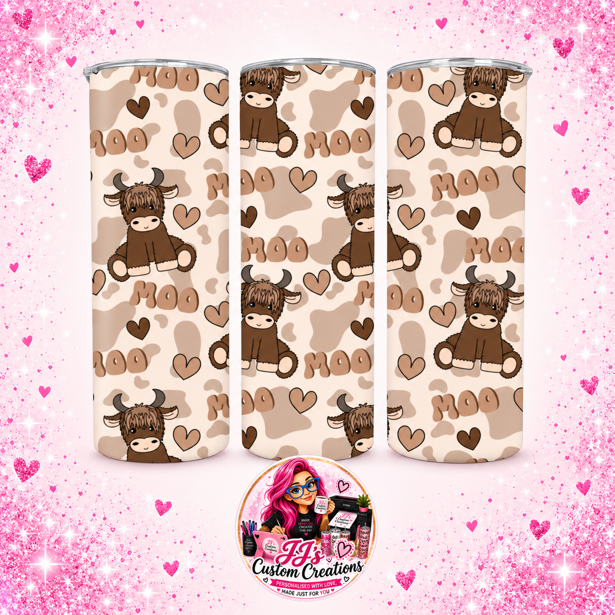 Highland cow MOO pattern 20oz tumbler on a pale pink sparkle background
