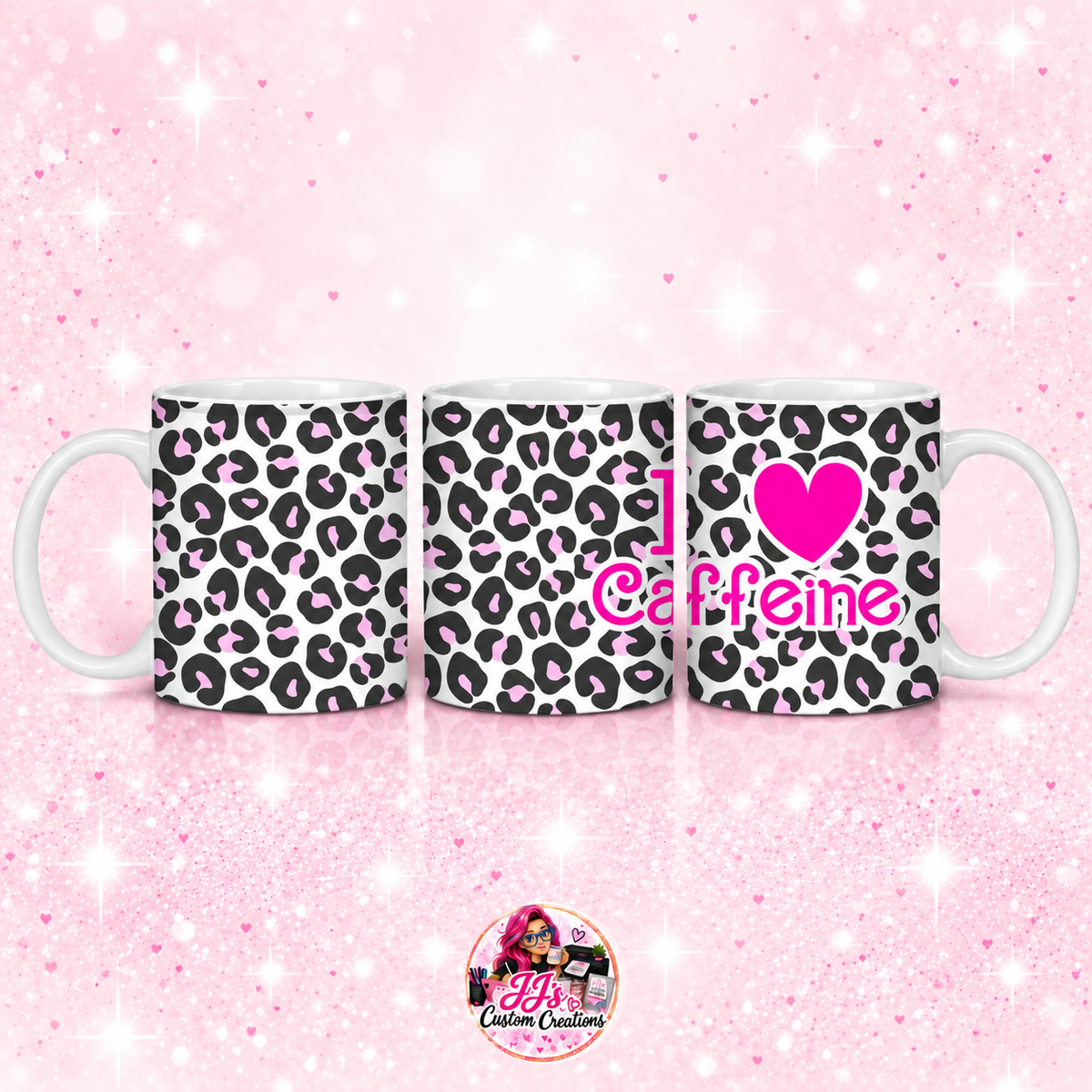 I Love Caffeine mug on JJ’s pale pink sparkle background with logo watermark