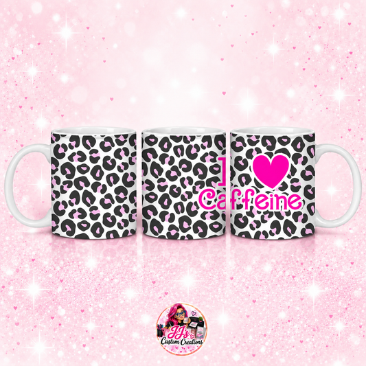 I Love Caffeine mug on JJ’s pale pink sparkle background with logo watermark