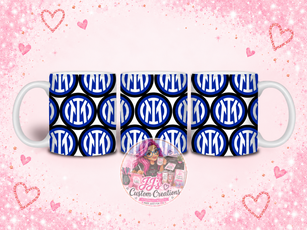 Inter Milan football novelty mug on JJ’s blush pink sparkle background
