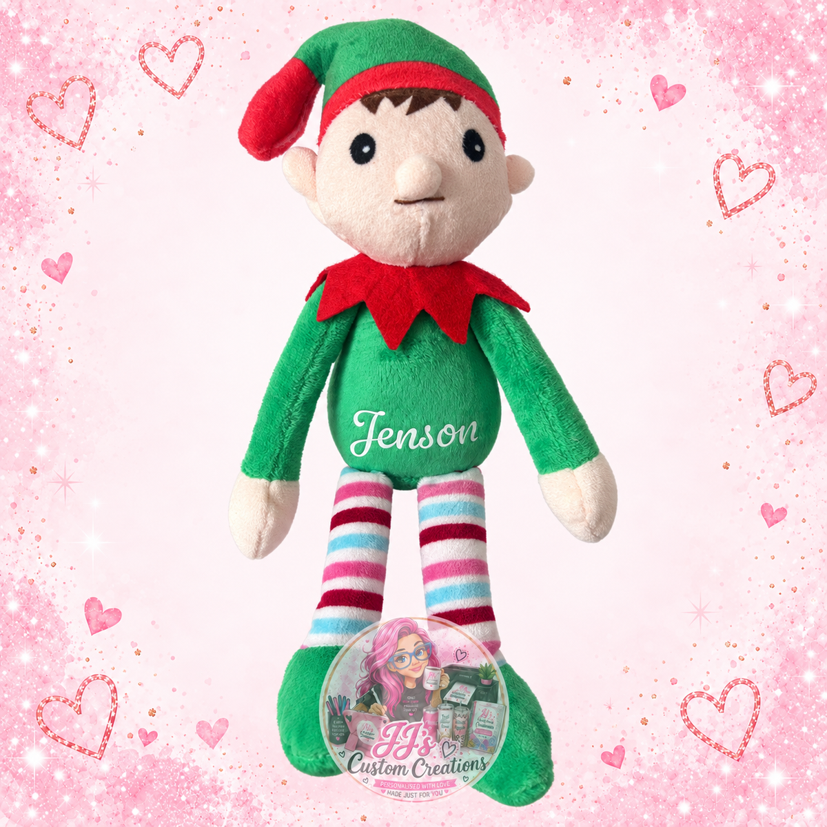 Jenson green and red personalised plush elf on JJ’s blush pink sparkle background