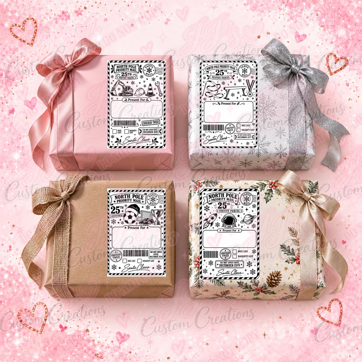 Four wrapped Christmas presents with black-and-white Santa gift labels on a pink glitter background.