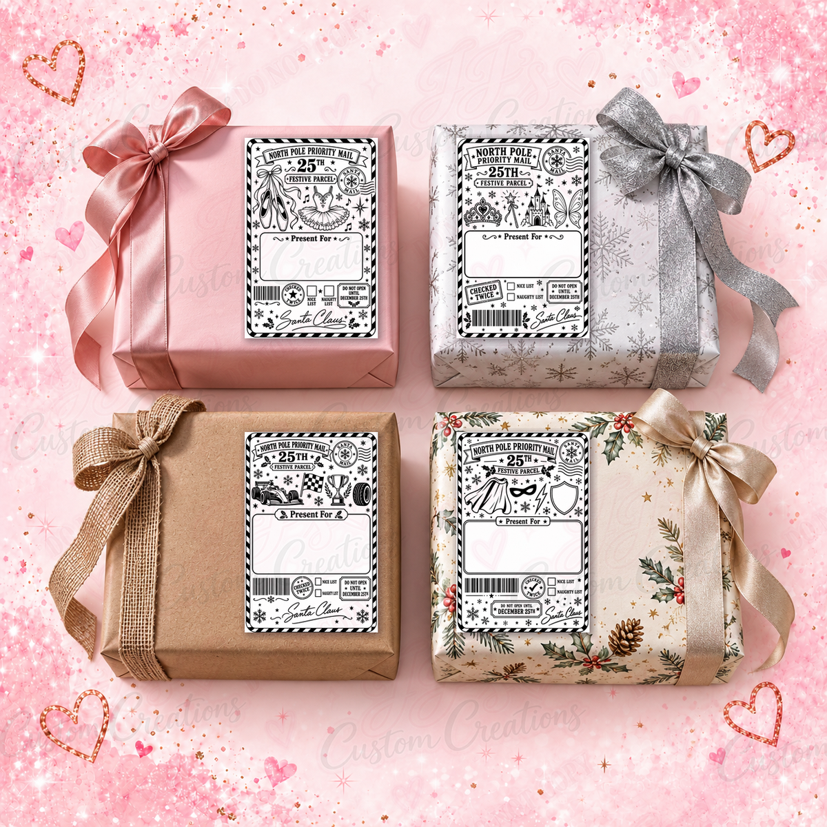 Ballet, fairy castle, racing car and superhero Christmas present labels on four wrapped gifts with a pink glitter background.