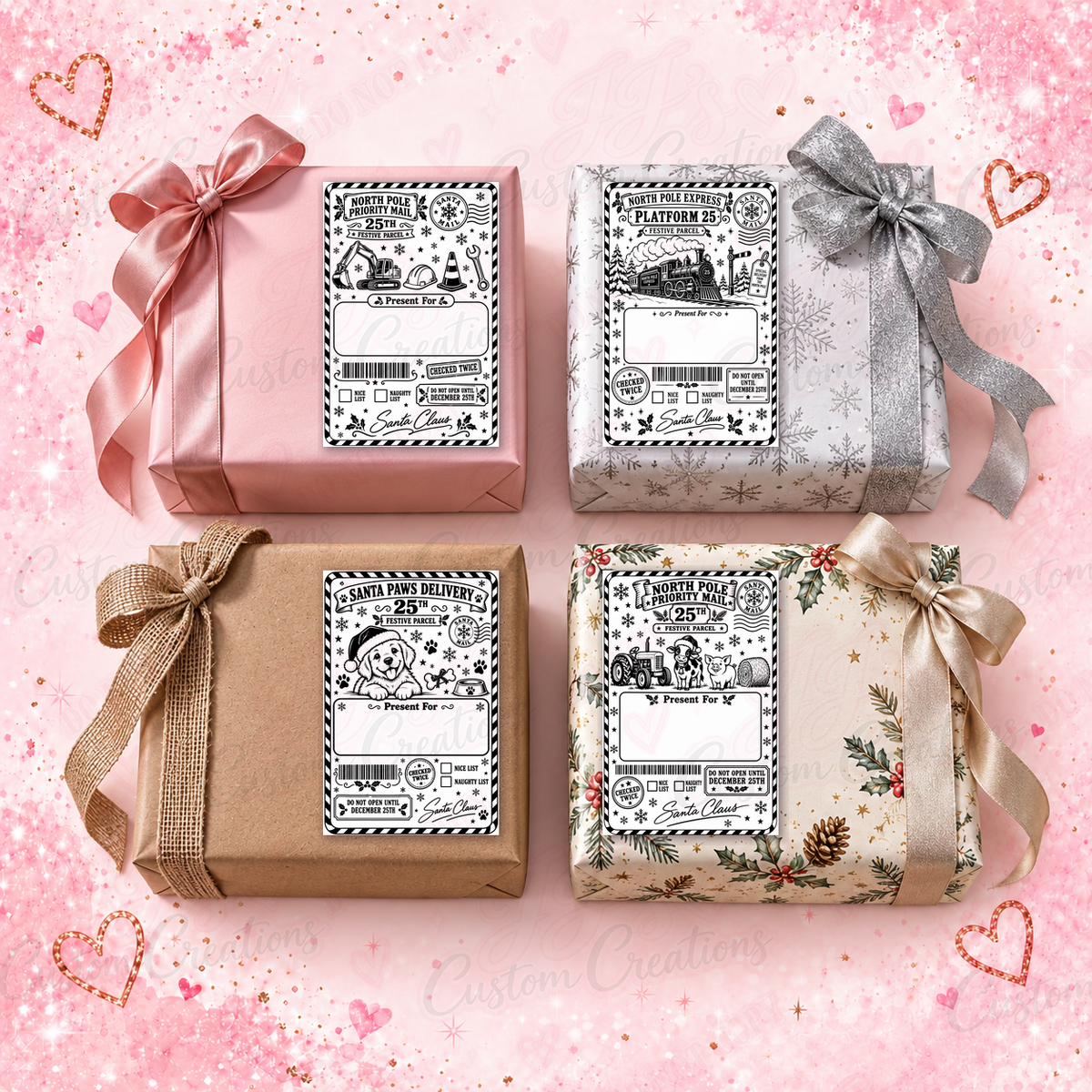 Construction, North Pole train, Santa dog and farm Christmas present labels on four wrapped gifts with a pink glitter background.