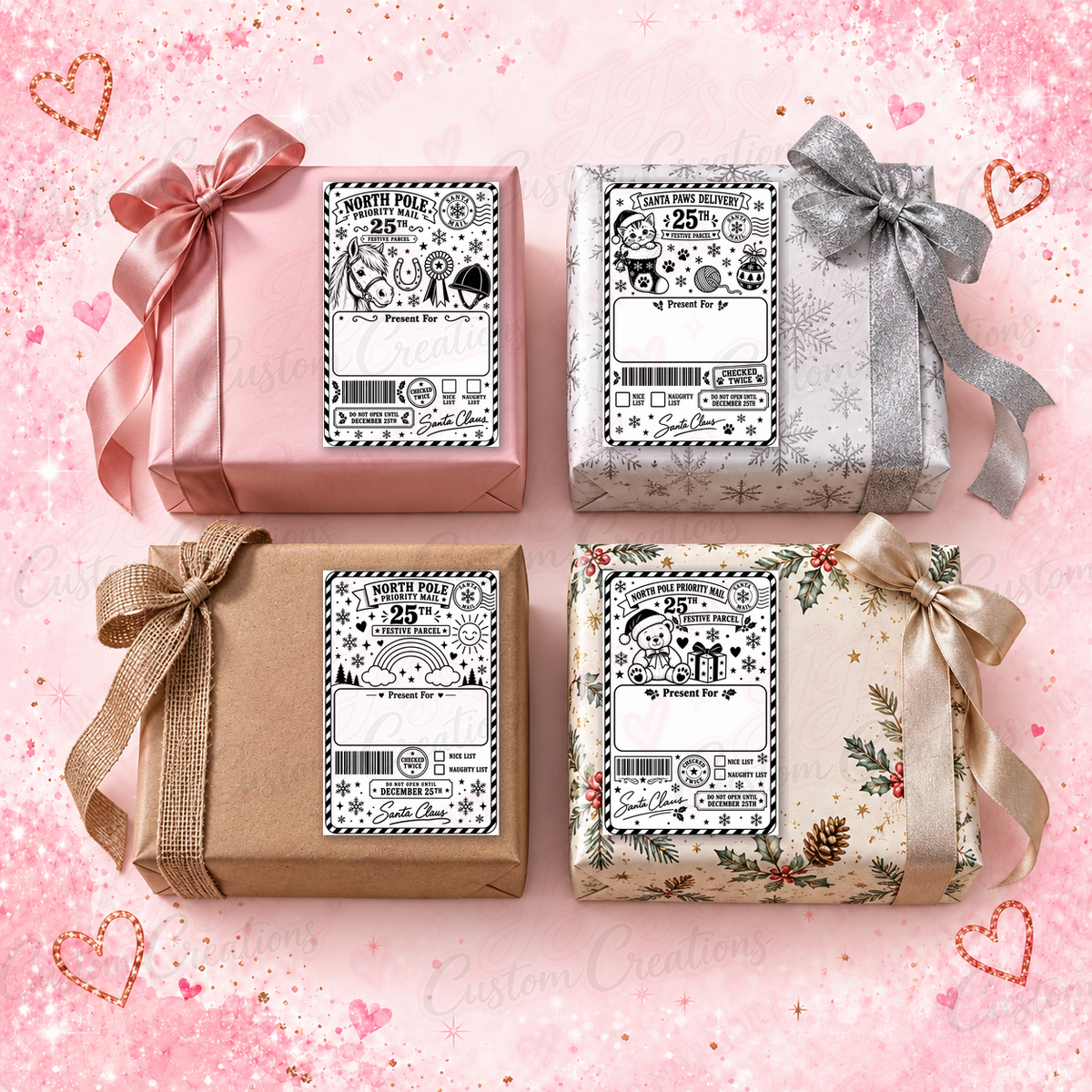 Horse riding, Santa cat, rainbow and teddy bear North Pole gift labels on four wrapped Christmas presents.