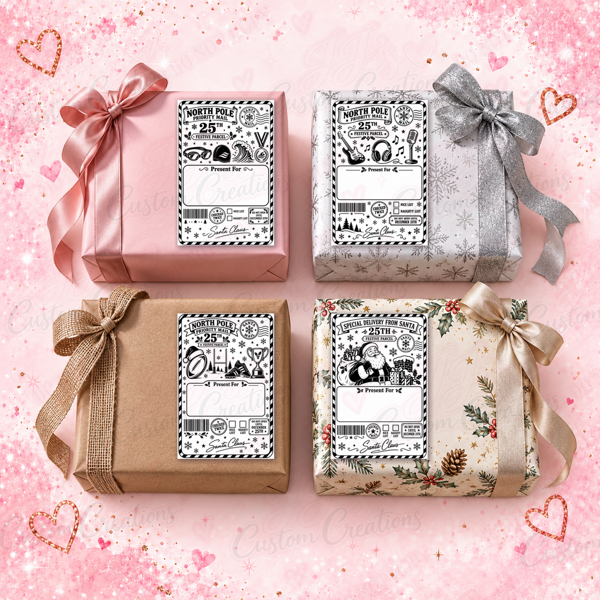 Swimming, music, sports and Santa Christmas gift stickers on four wrapped presents with a pink glitter background.
