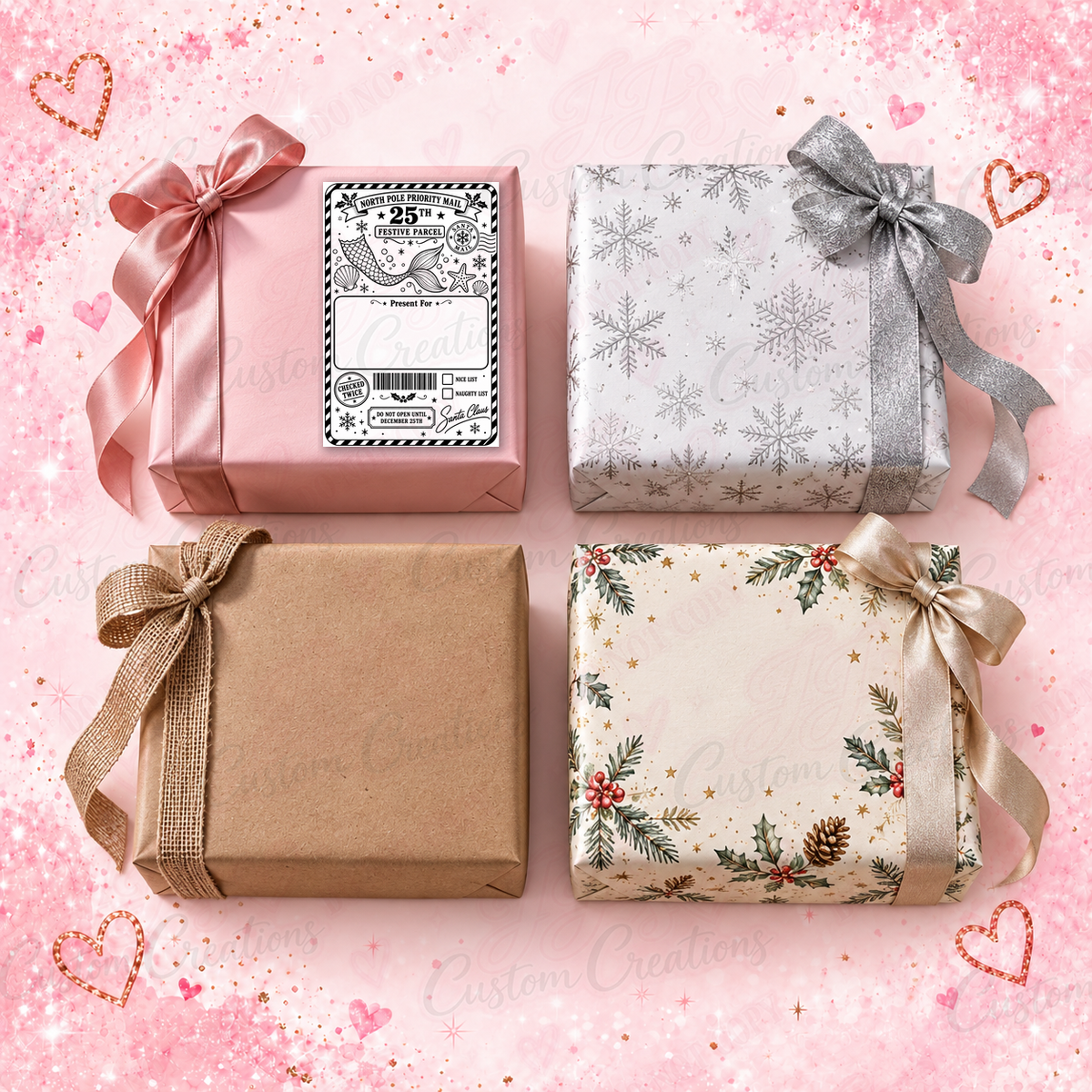 Black-and-white Santa Christmas gift label displayed on a pink wrapped present, with three unlabelled gifts on a pink glitter background.