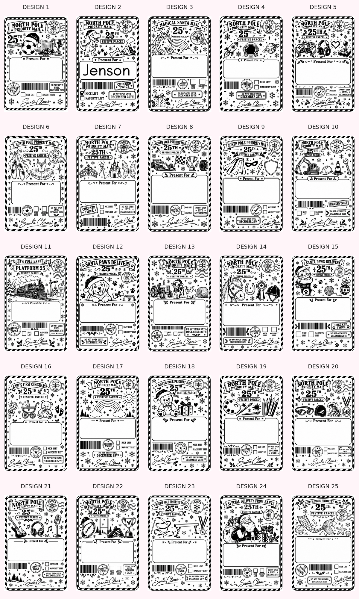 Christmas thermal gift label design guide showing all 25 original designs, numbered 1 to 25 to match the design selector.