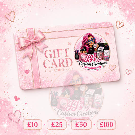 JJ’s Custom Creations gift card available in £10, £25, £50 and £100 with branded watermark