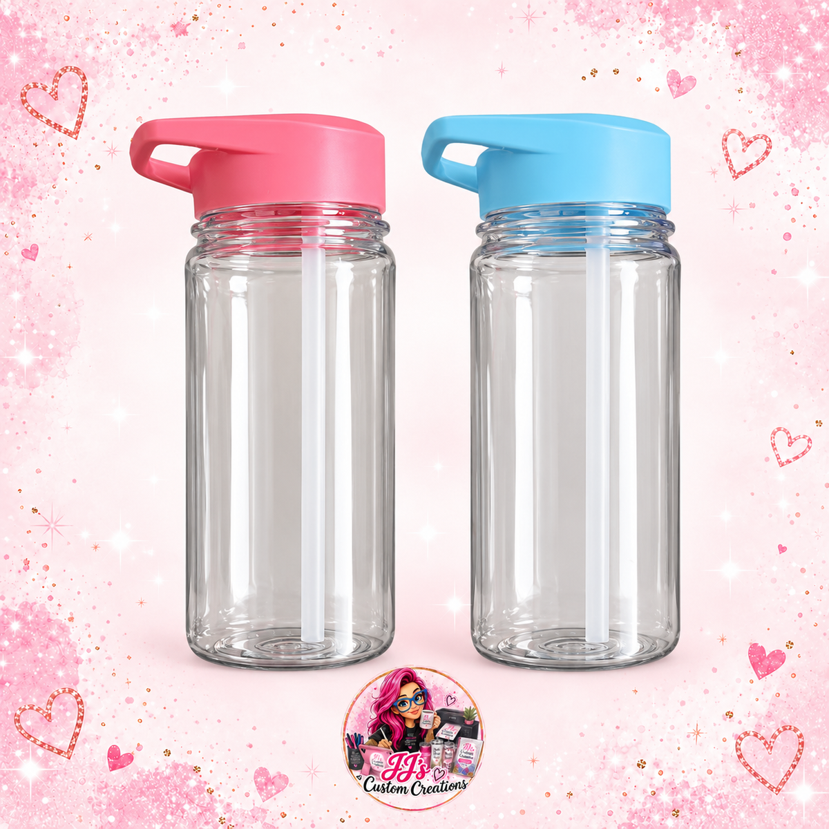 Pink and blue 450ml kids water bottles on a full square pink sparkle background with JJ's watermark