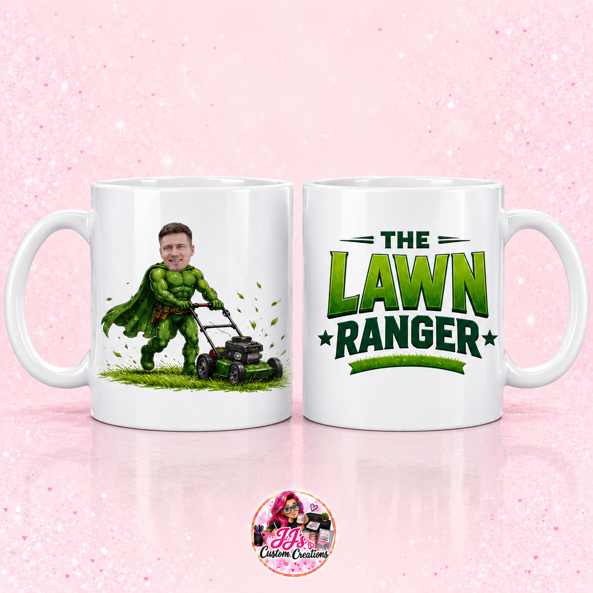 Personalised Lawn Ranger mug on a light pale blush background with JJ's Custom Creations pink-haired logo