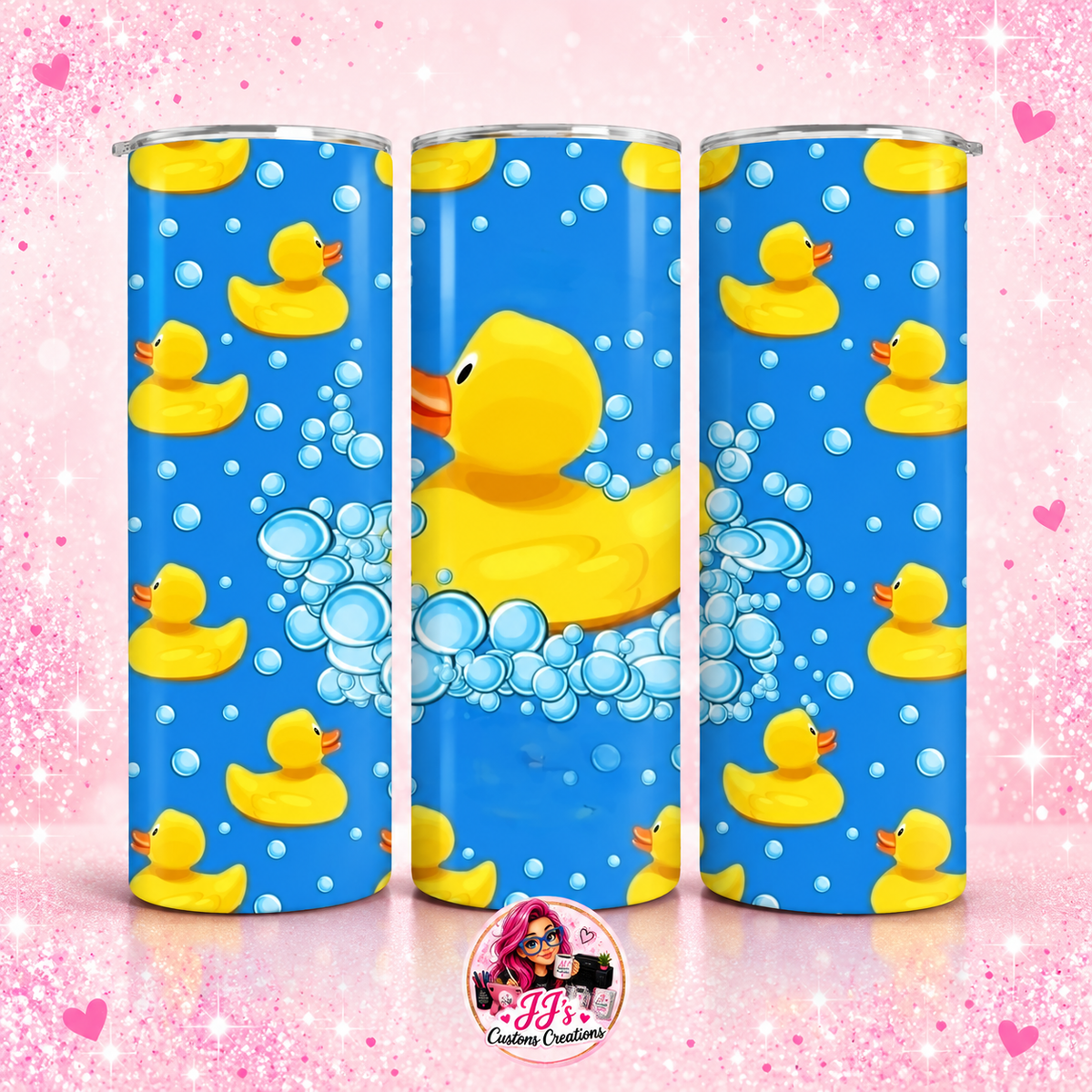 Light-blue rubber duck 20oz tumbler shown from three angles on a square pink sparkle background