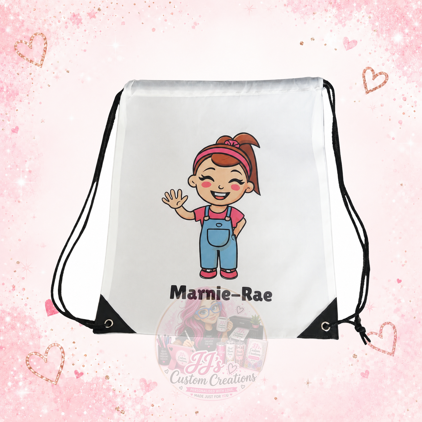 Personalised Marnie-Rae character drawstring PE bag