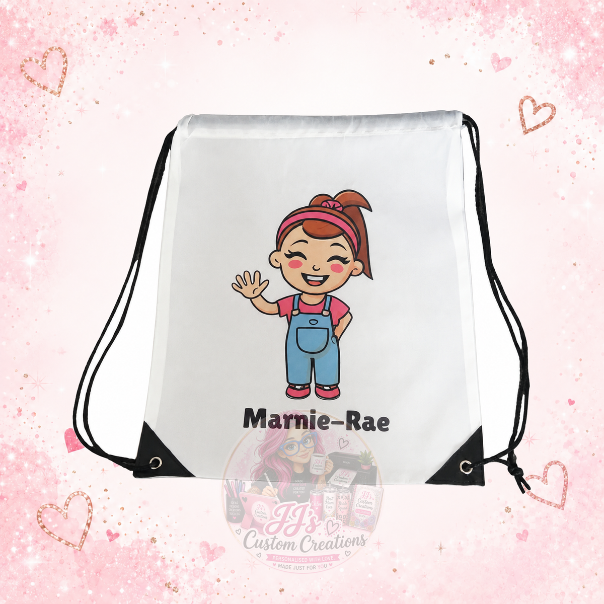 Personalised Marnie-Rae character drawstring PE bag