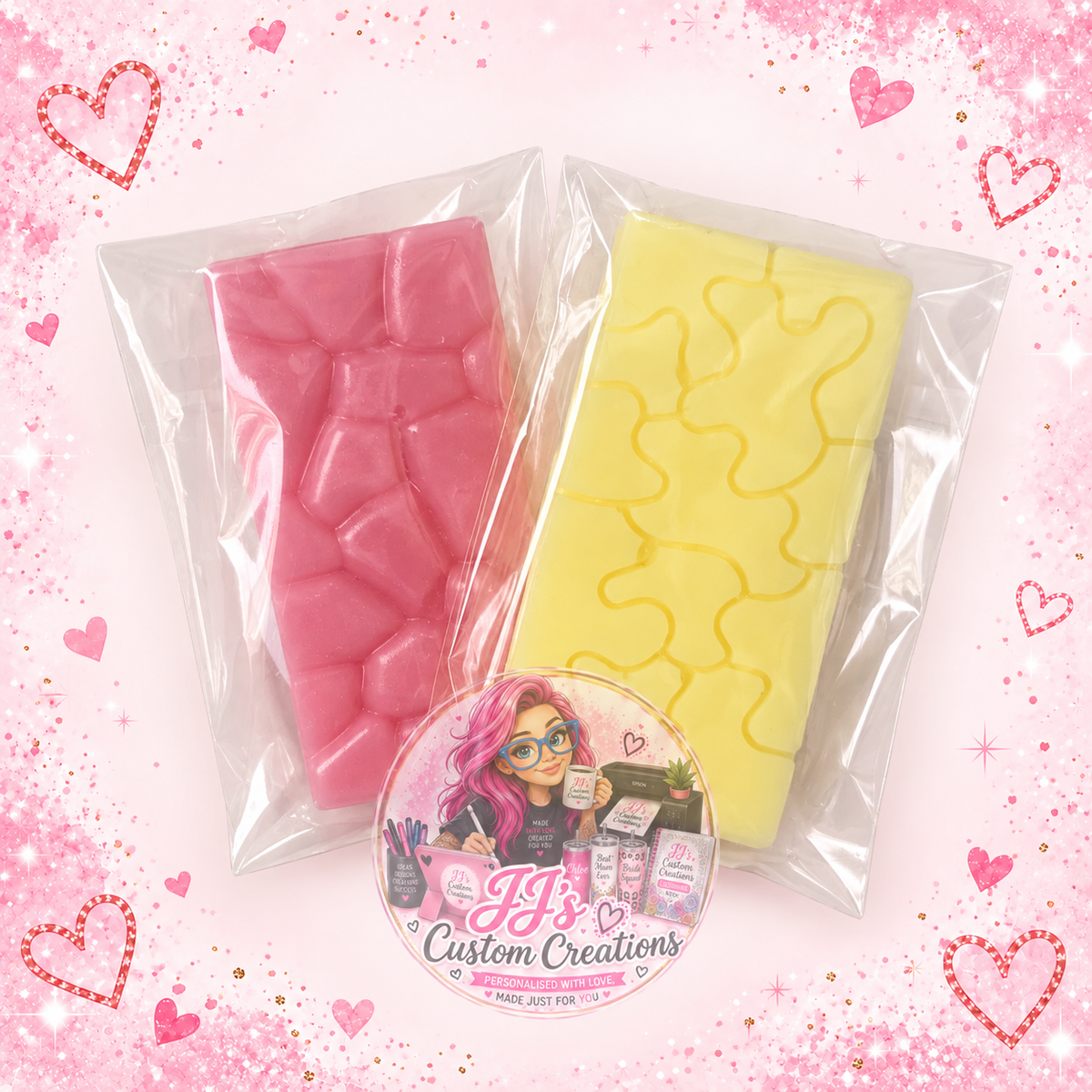 Pink and yellow wax melt snap bars in clear sleeves on pale pink sparkle background with JJ's Custom Creations watermark