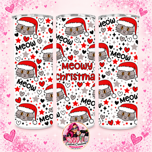 Meowy Christmas cat pattern 20oz tumbler on a pale pink sparkle background