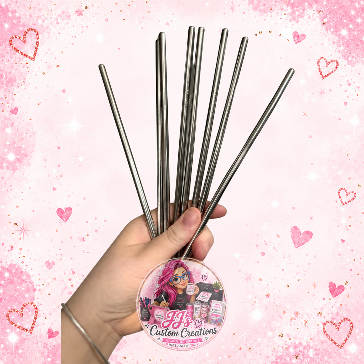 Reusable metal straws for 20oz tumblers on blush pink sparkle background