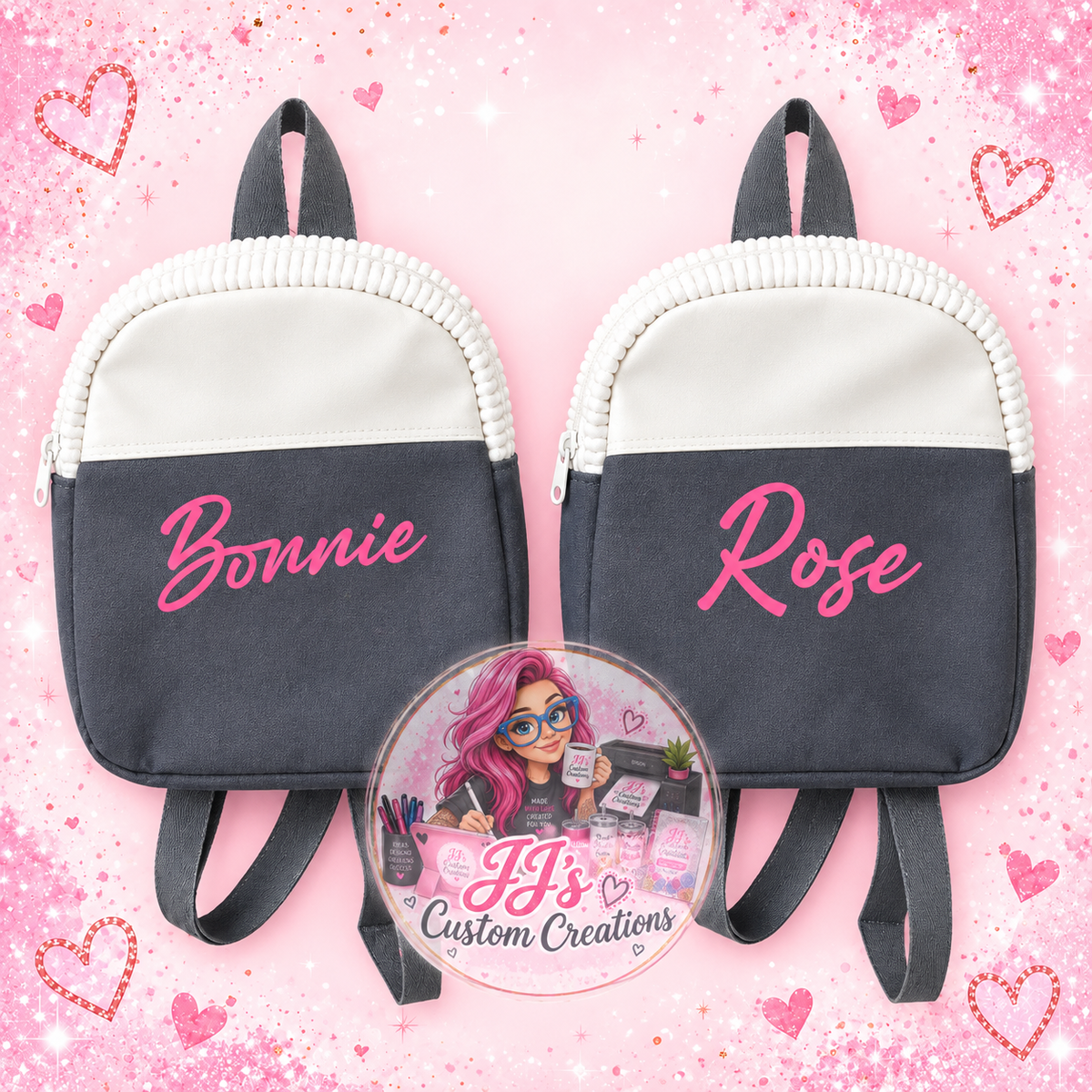 Grey and white mini kids backpacks personalised Bonnie and Rose on pink sparkle background with one JJ's watermark