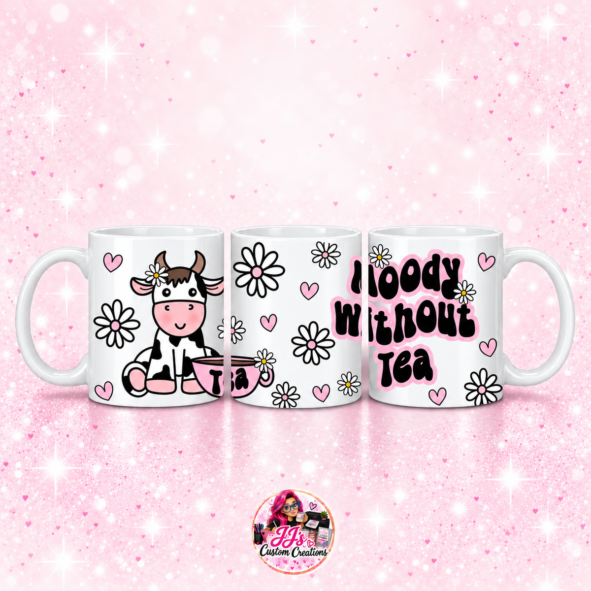 Moody Without Tea mug on JJ’s pale pink sparkle background with logo watermark