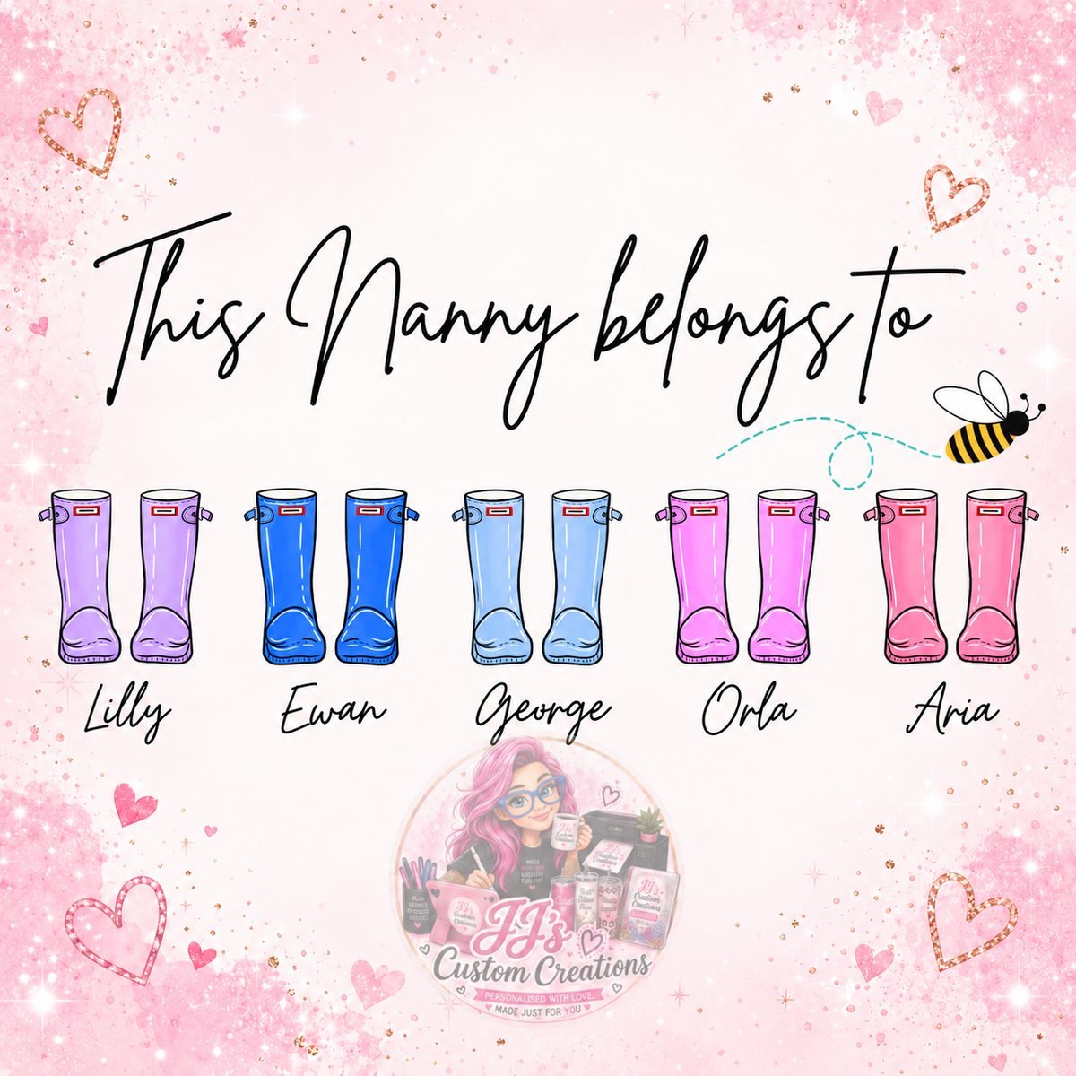 Personalised Nanny welly boots family print on JJ's blush pink sparkle background