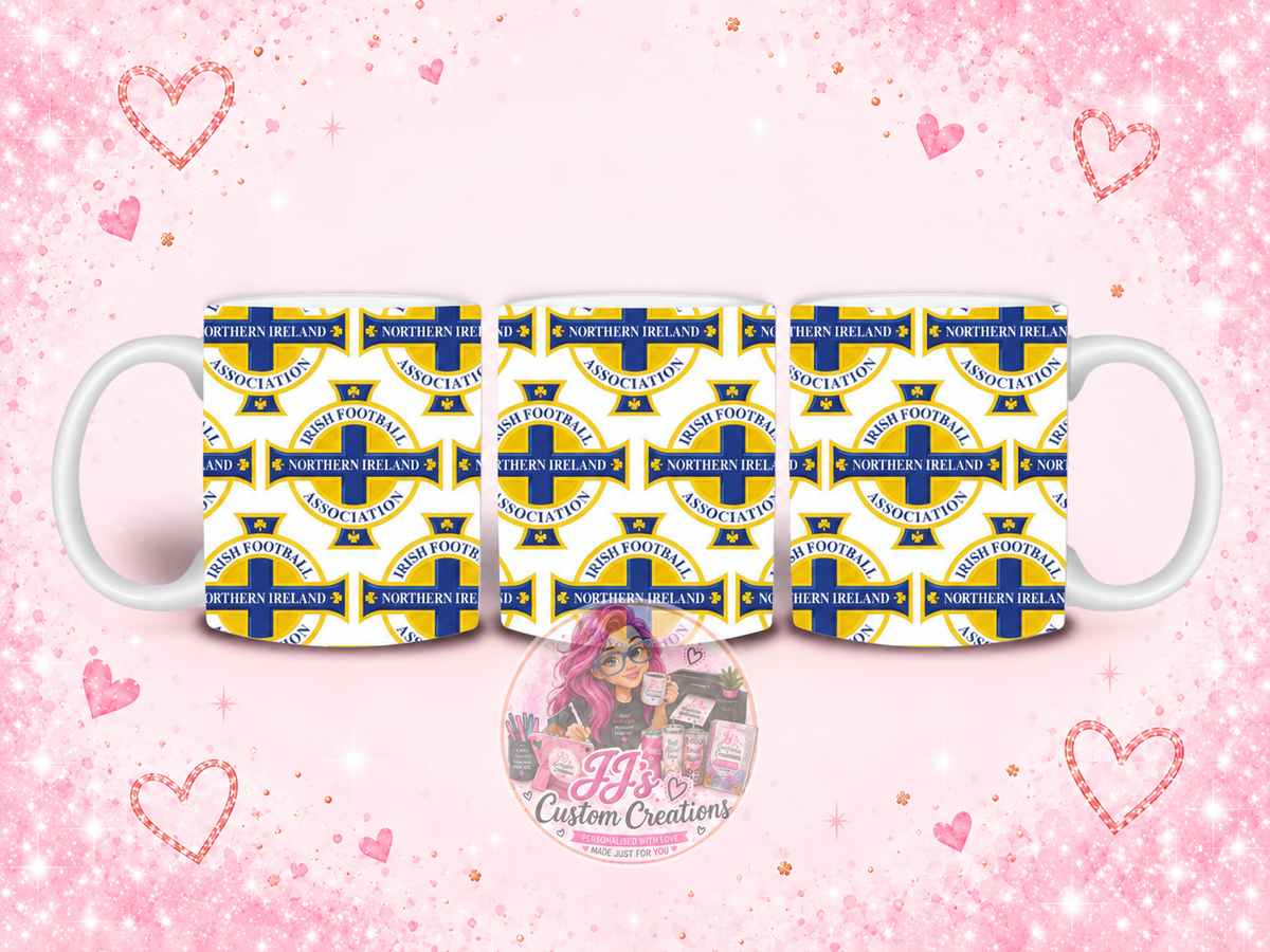 Northern Ireland football novelty mug on JJ’s blush pink sparkle background