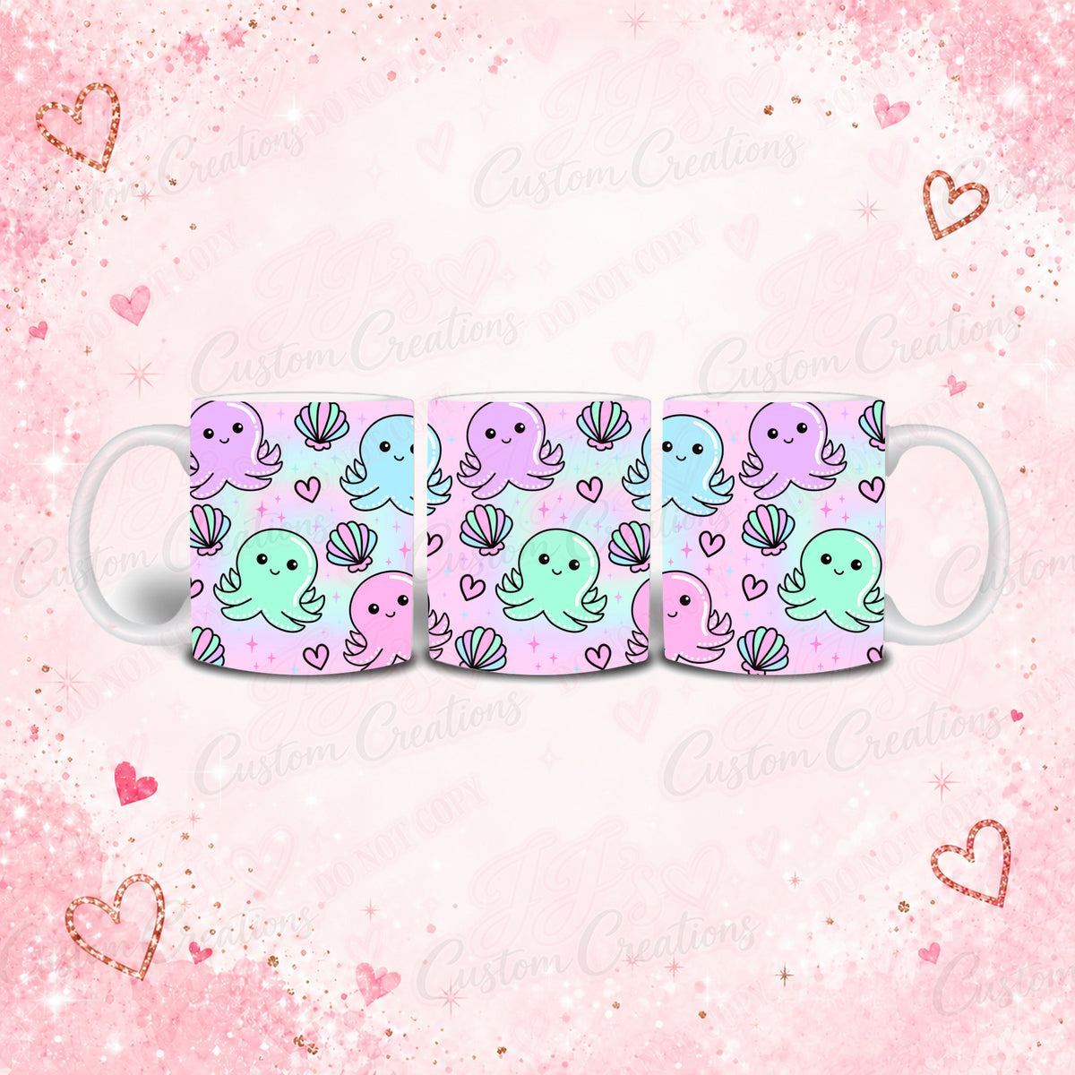 Octopus Mug | Cute Sea-Life Gift – original three-view mock-up on supplied pink sparkle background
