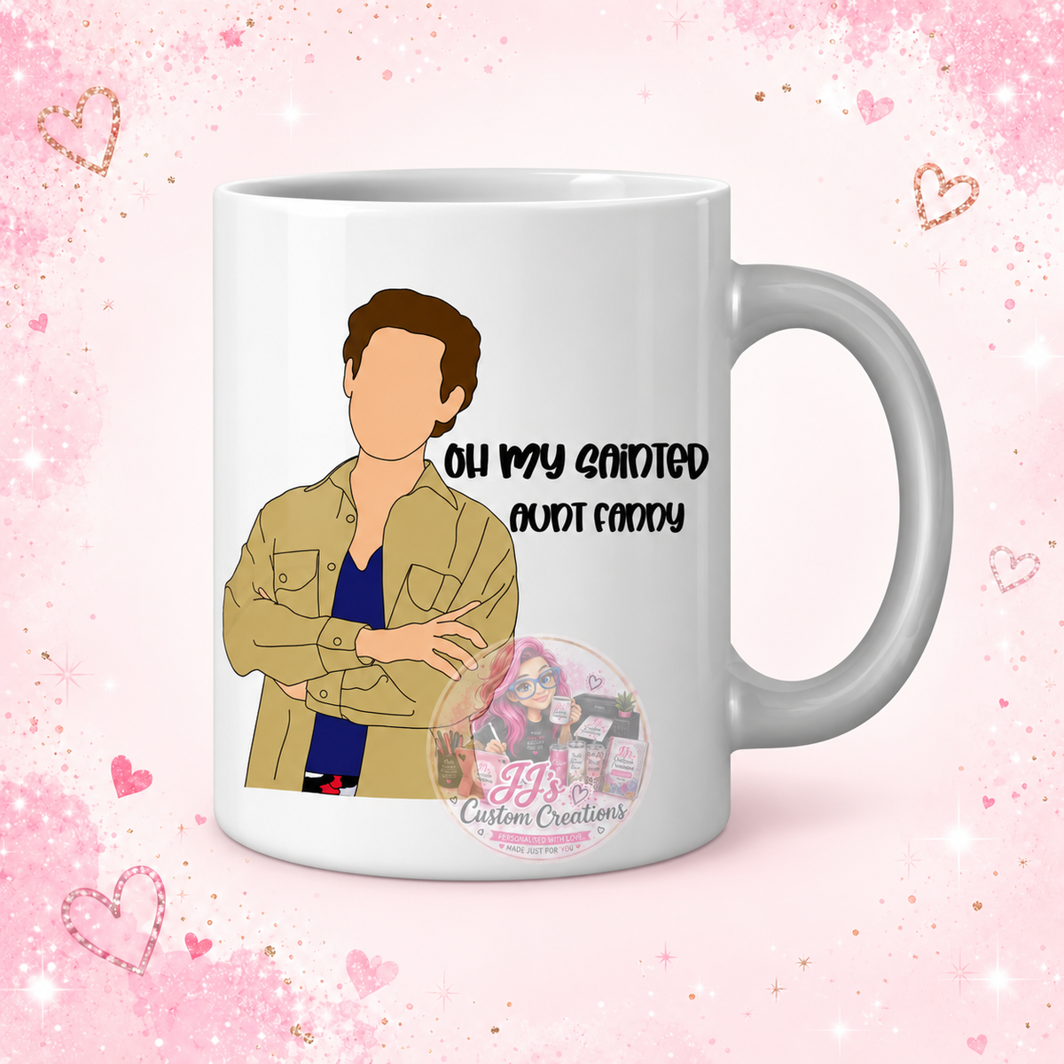Oh My Sainted Aunt Fanny novelty mug on JJ's blush pink sparkle background