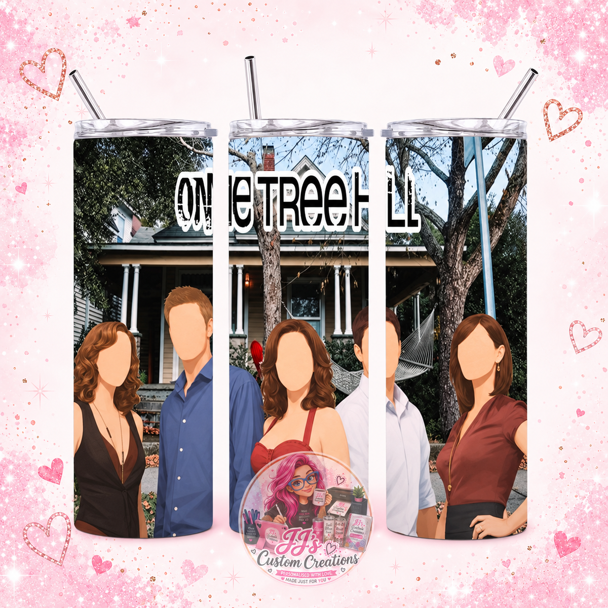 One Tree Hill 20oz tumbler on JJ's blush pink sparkle background
