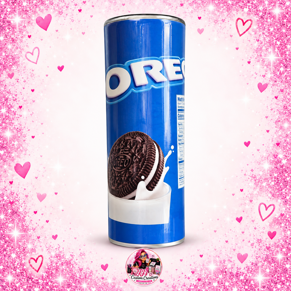 Oreo inspired 20oz tumbler on a square pink sparkle background with JJ's Custom Creations watermark