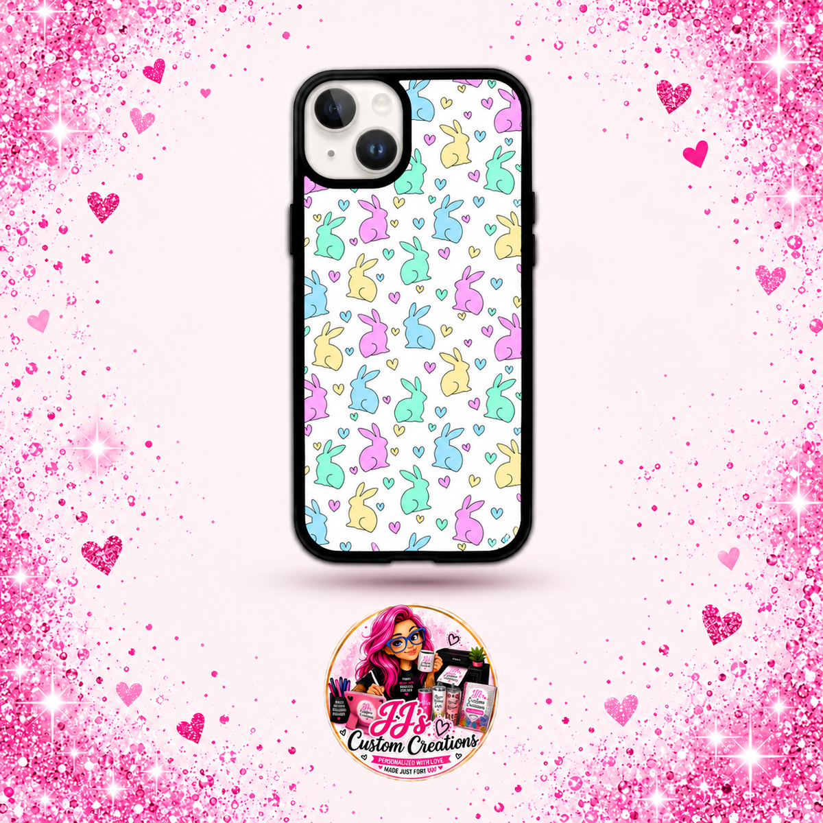 Pastel bunny phone case on JJ's square pink sparkle background
