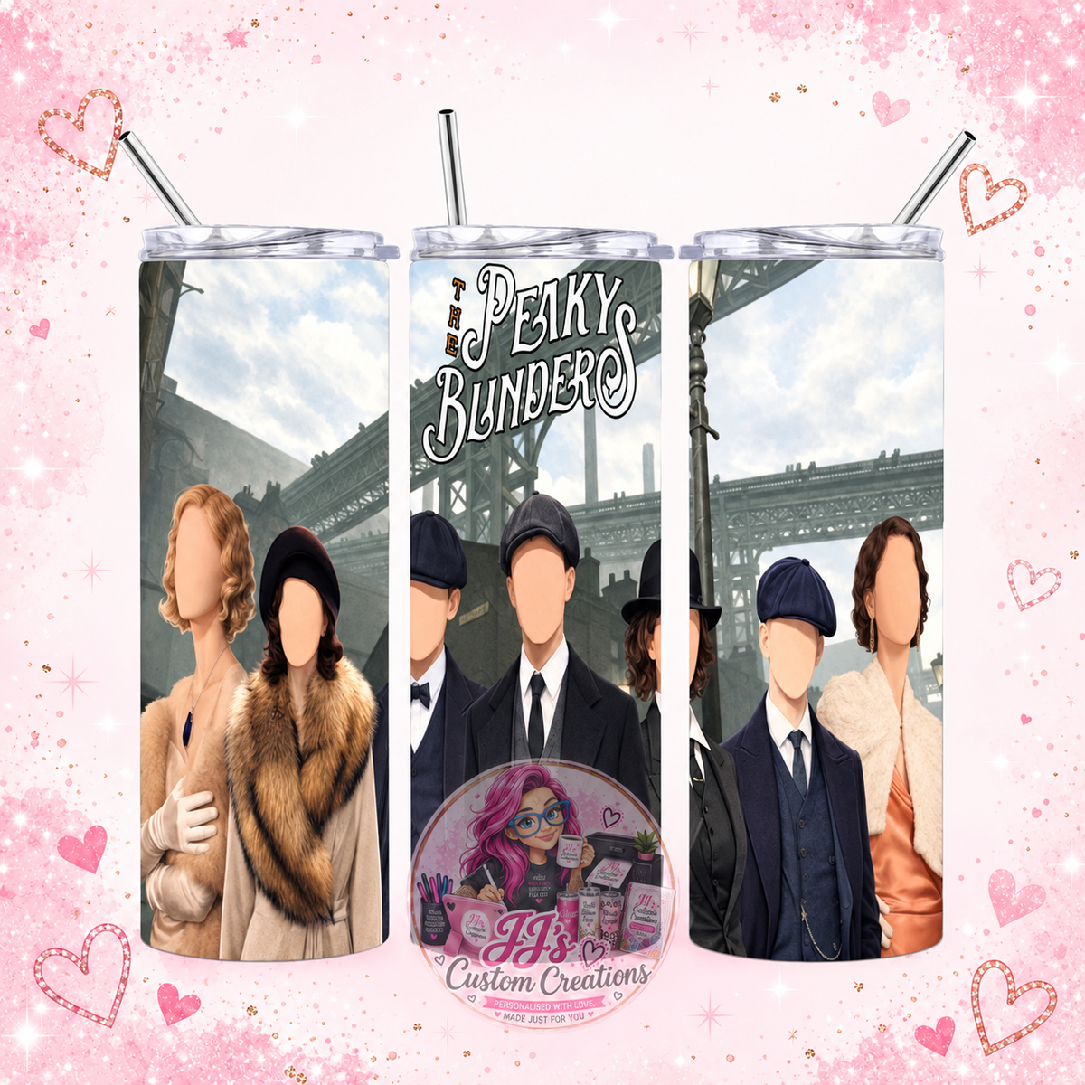 Peaky Blinders 20oz tumbler on JJ's blush pink sparkle background