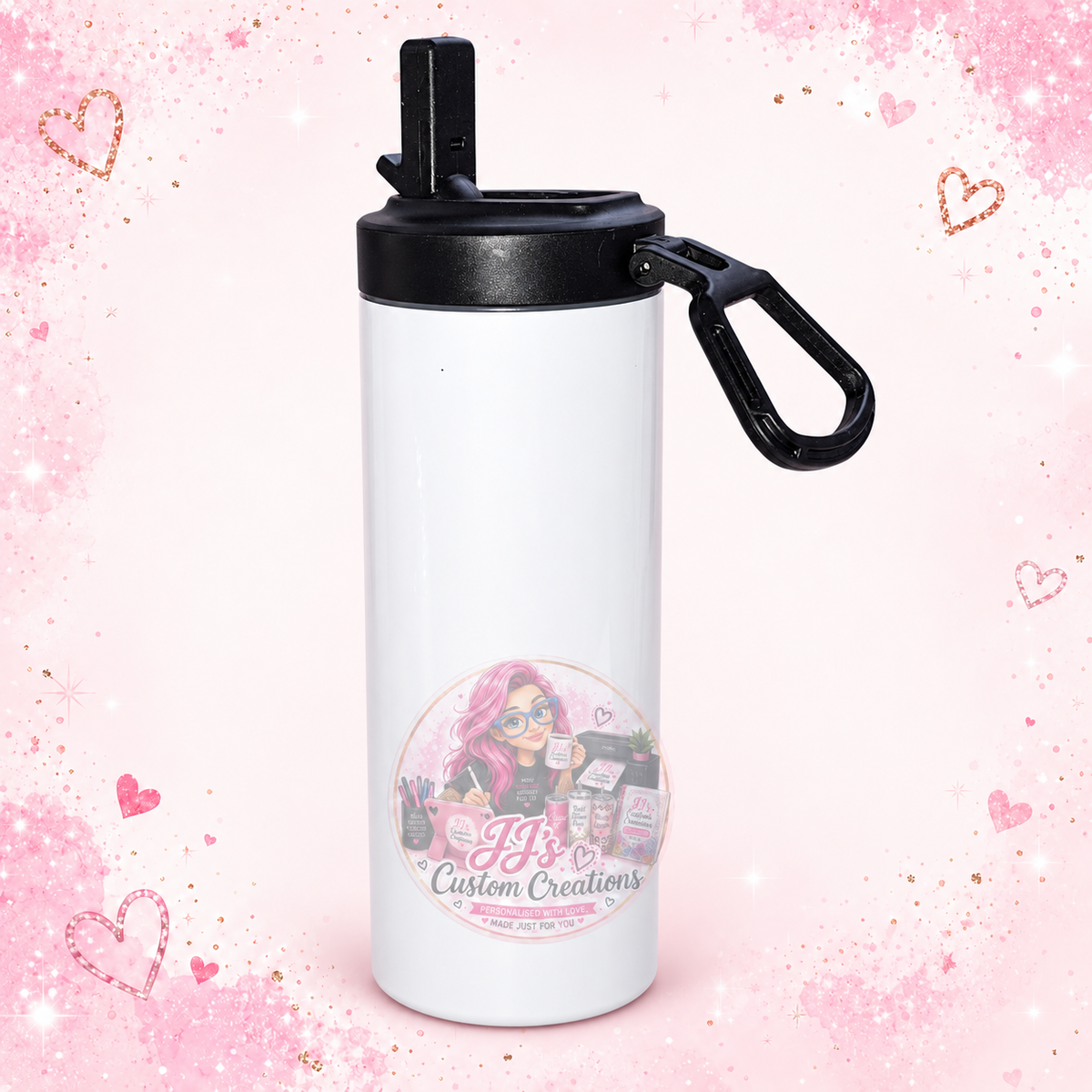 Blank personalised 20oz stainless steel bottle on JJ's blush pink sparkle background