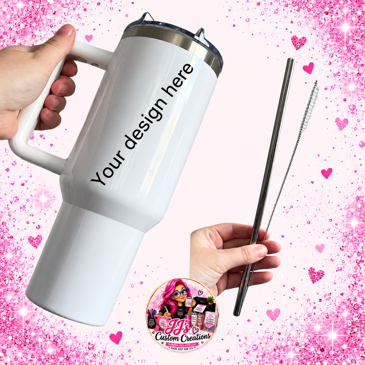 Personalised 40oz handled tumbler with straw and cleaning brush on the approved light pink sparkle background