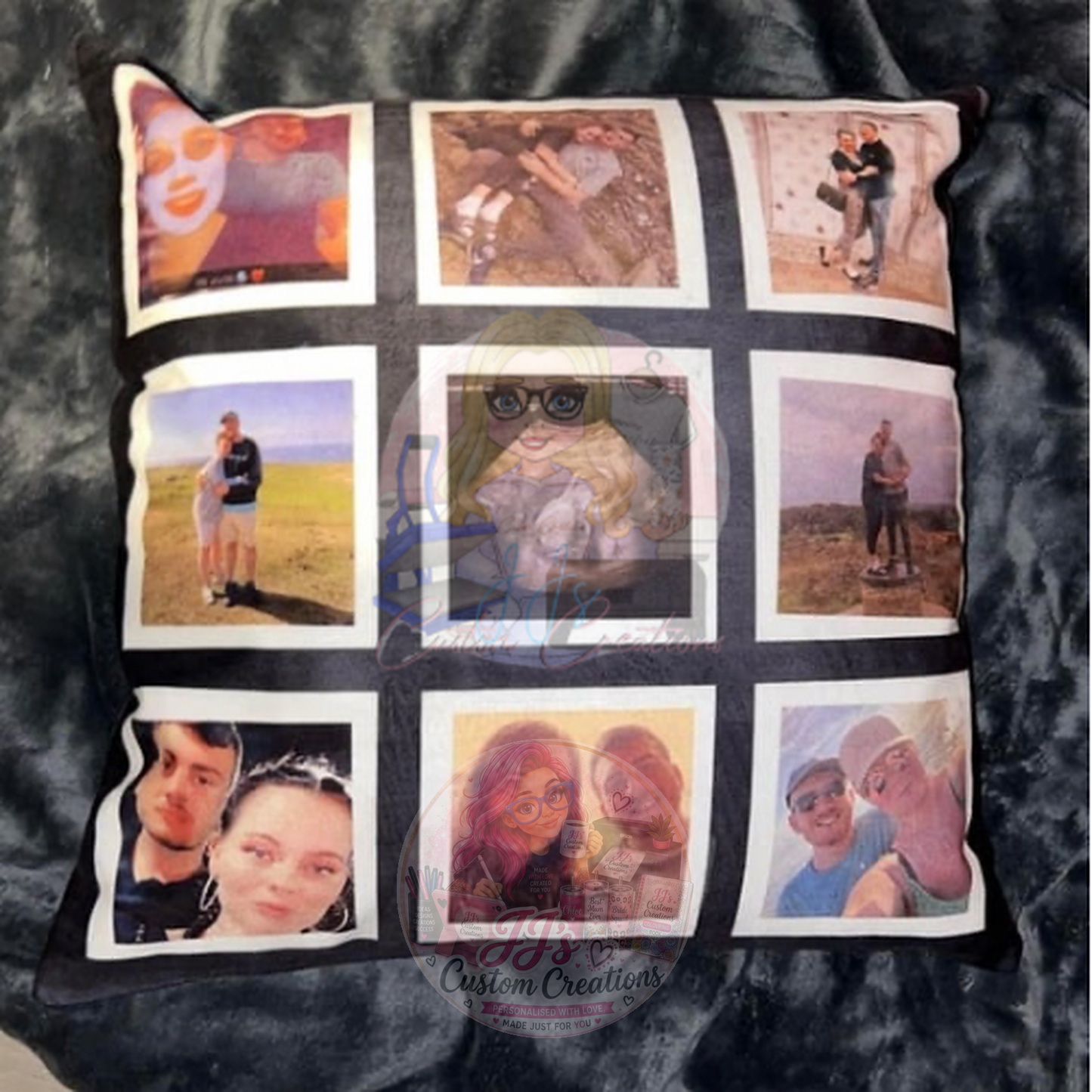 Personalised nine-photo grid memory cushion with JJ's Custom Creations watermark