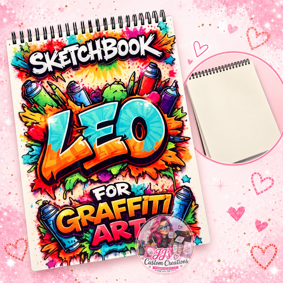 Personalised Leo graffiti sketchbook with blank page inset on pink sparkle background and JJ's watermark