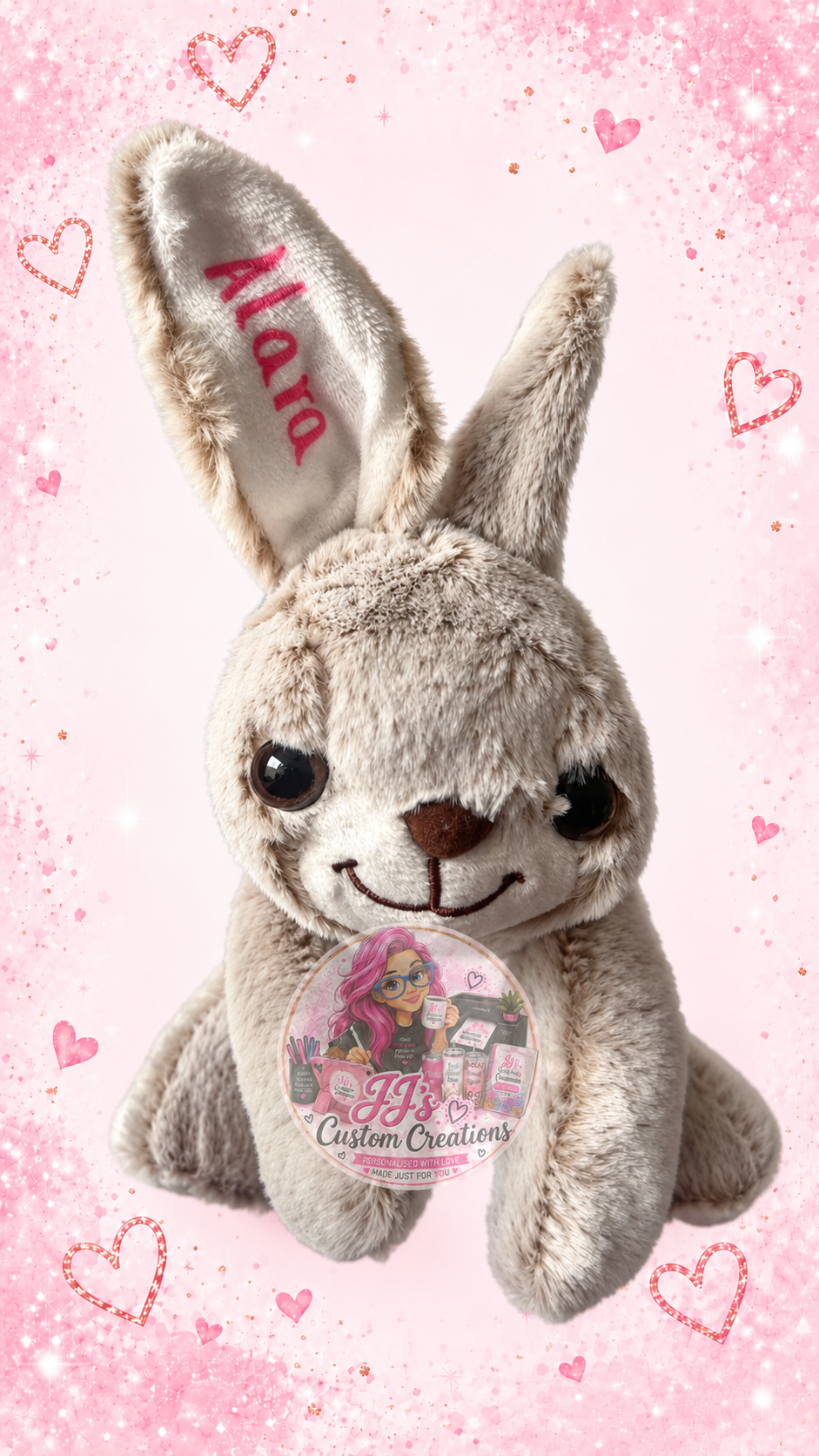 Personalised Alara grey bunny teddy on JJ's pink sparkle background