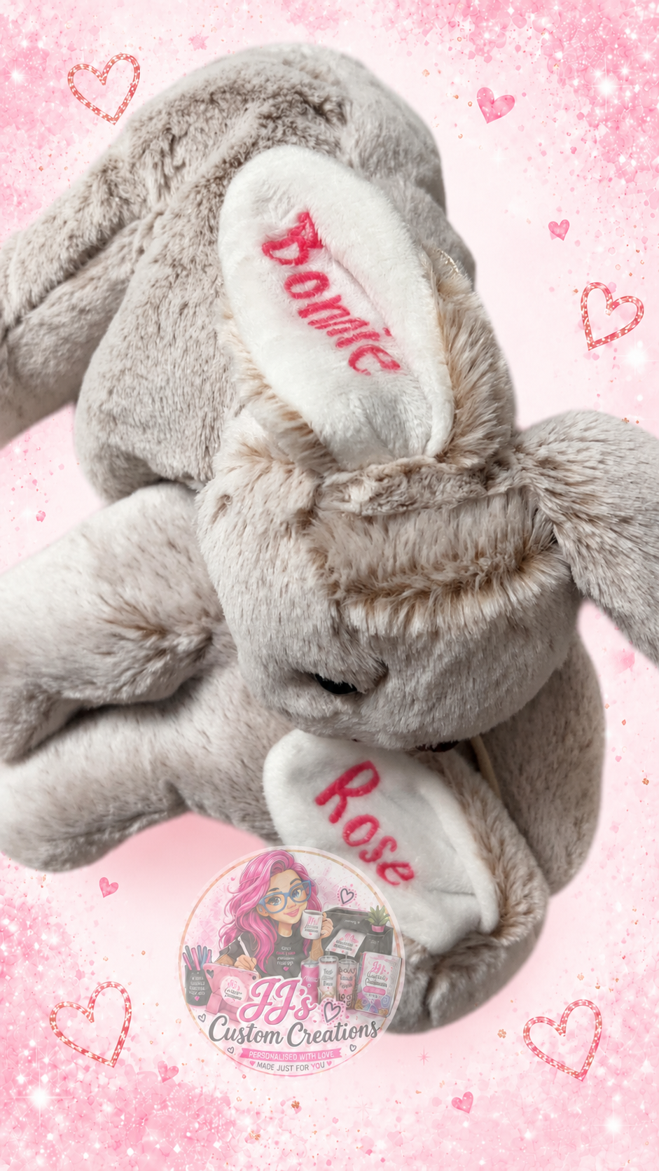 Personalised Bonnie and Rose grey bunny teddies on JJ's pink sparkle background