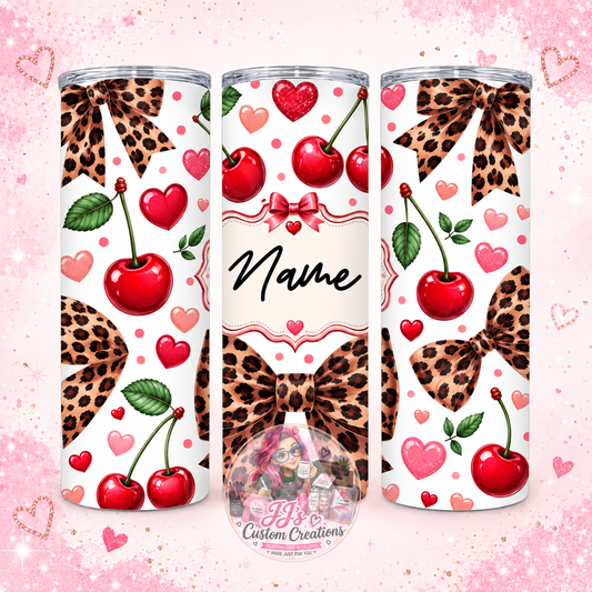 Personalised cherry and leopard print 20oz tumbler on JJ's blush pink sparkle background