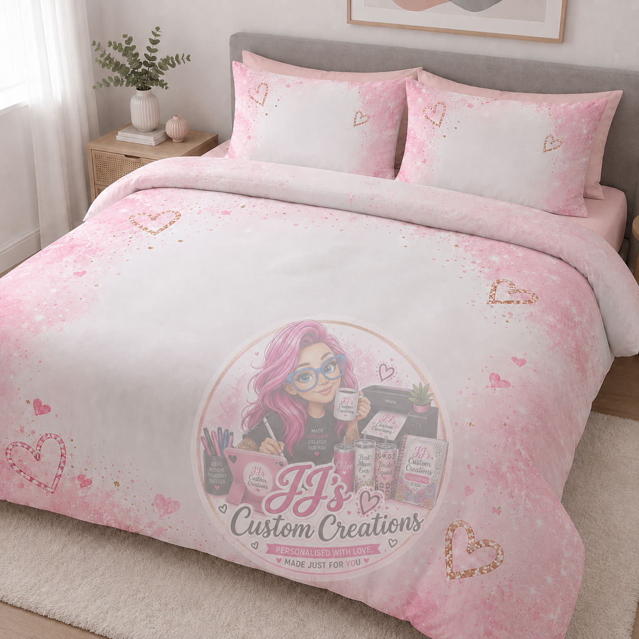 Personalised custom bed cover and pillowcase set with JJ’s Custom Creations watermark