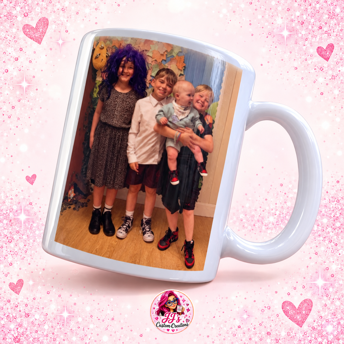 Personalised family photo mug on a square pink sparkle background