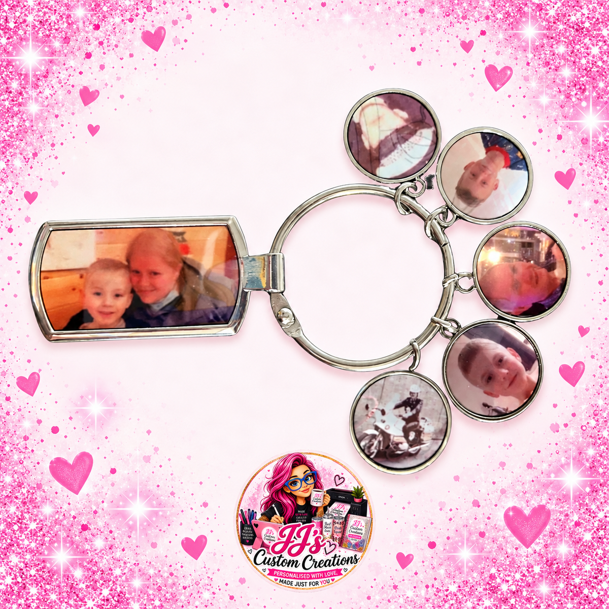 Personalised five-photo keepsake keyring on a pale pink sparkle background