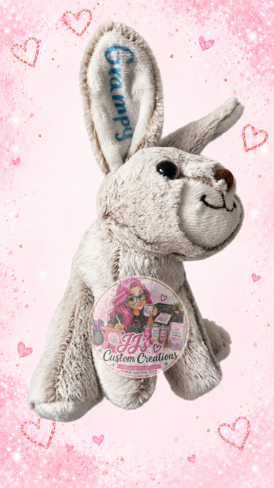 Personalised Grampy grey bunny teddy on JJ's pink sparkle background