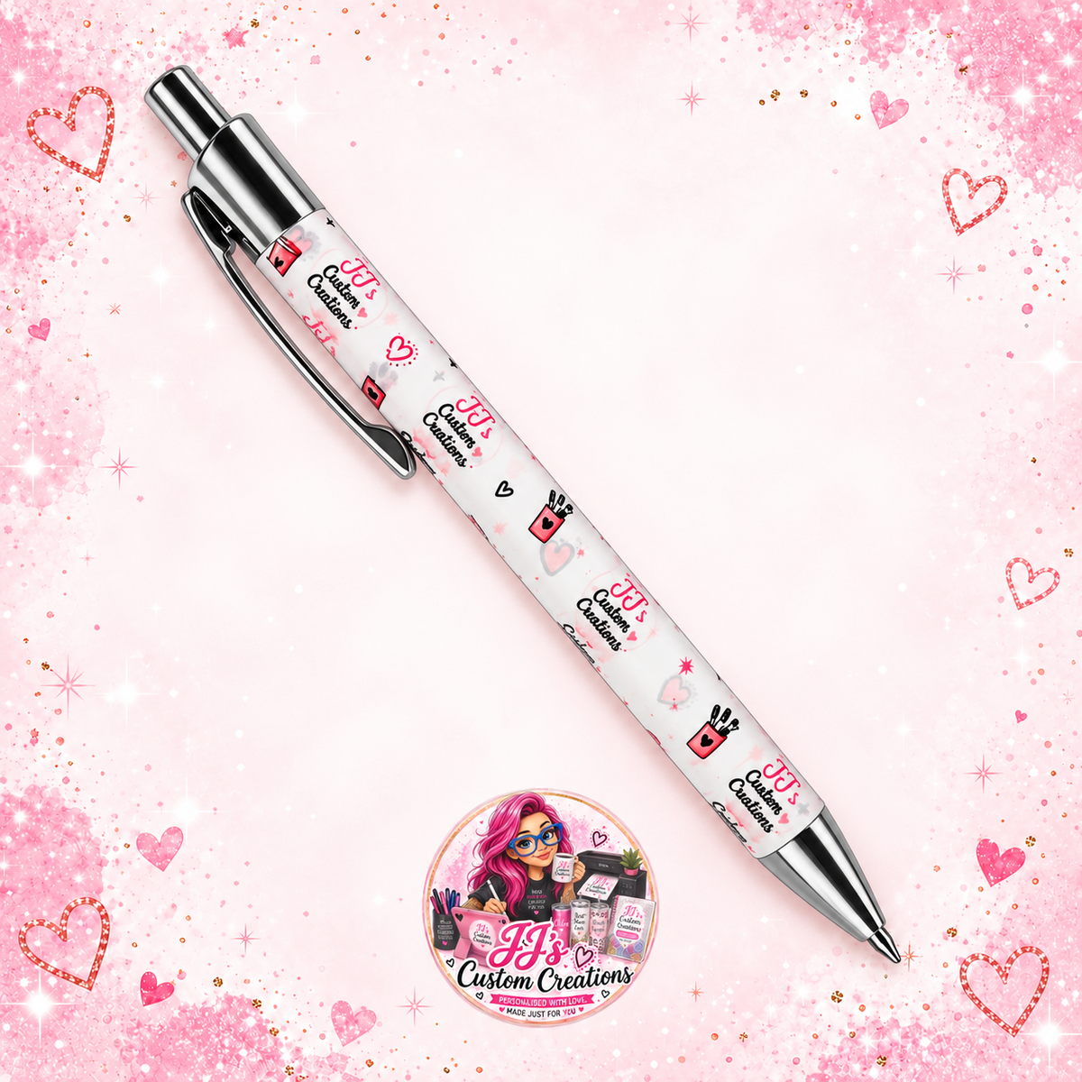 Personalised JJ's Custom Creations logo pen on a full square pink sparkle background