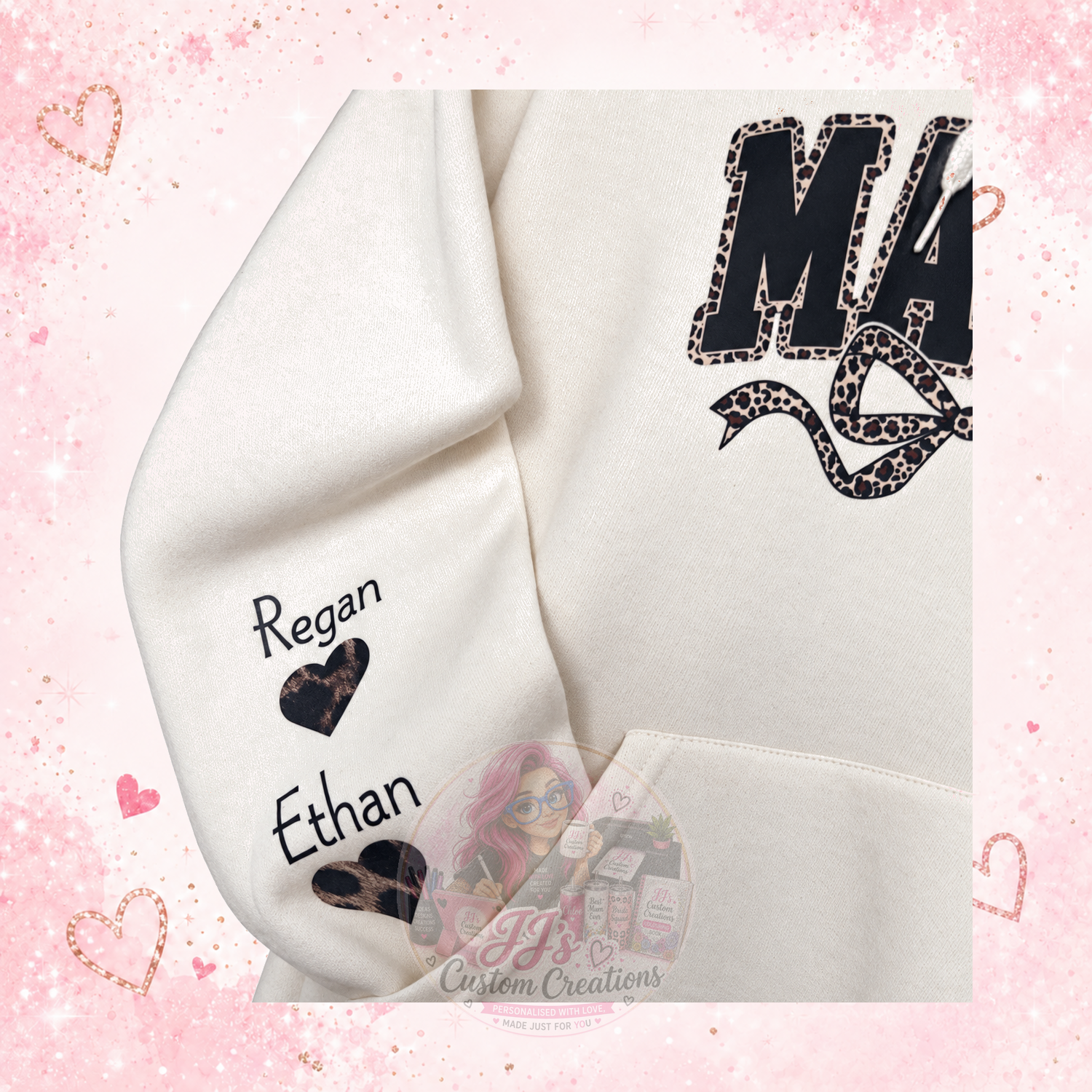 Personalised Mama hoodie left sleeve names Regan and Ethan