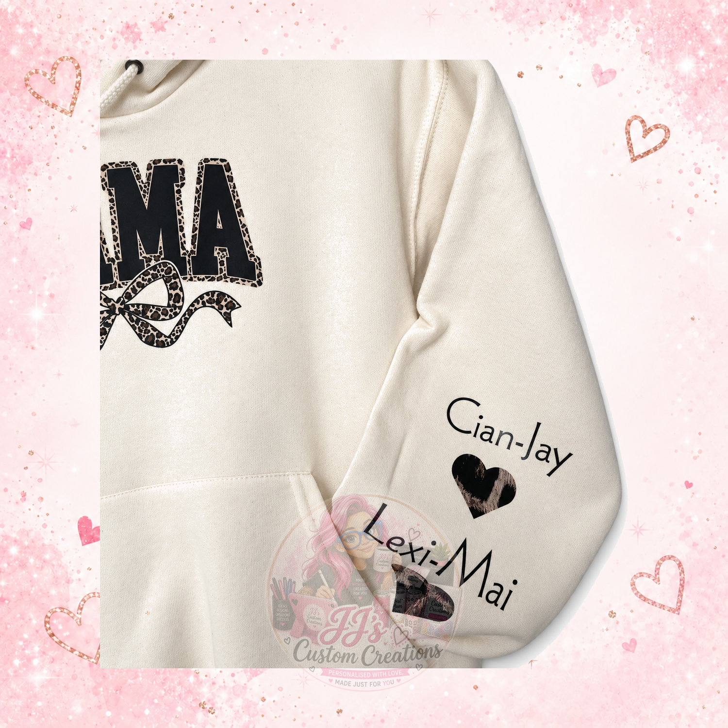 Personalised Mama hoodie right sleeve names Cian-Jay and Lexi-Mai