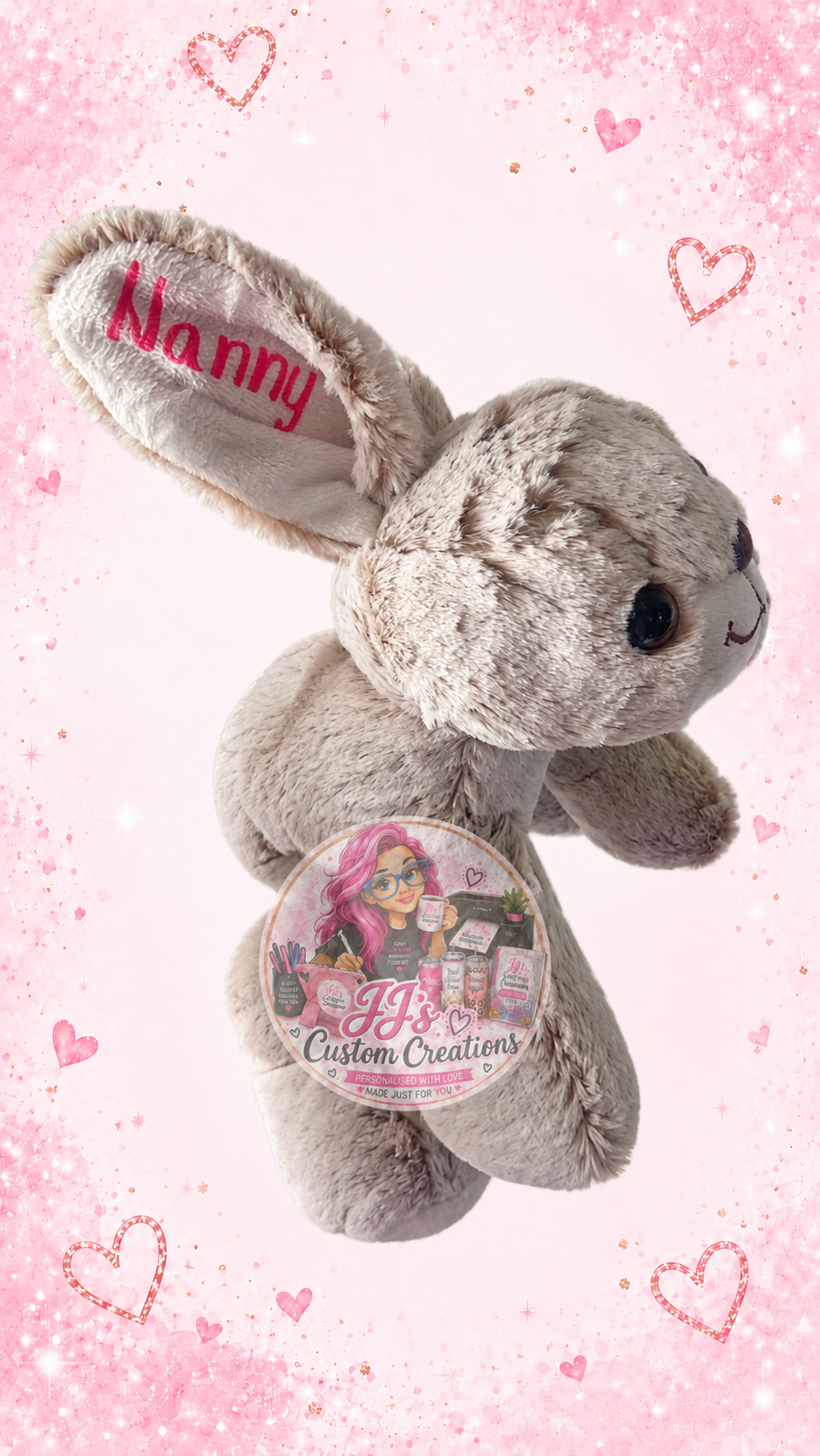 Personalised Nanny grey bunny teddy on JJ's pink sparkle background
