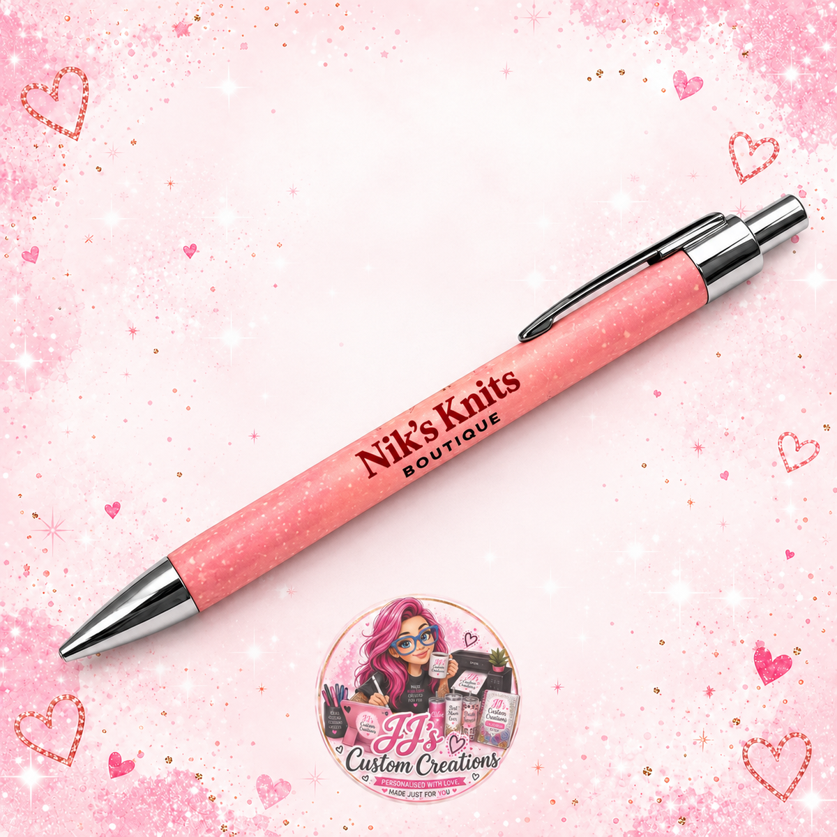 Personalised Nik's Knits Boutique pen on a full square pink sparkle background